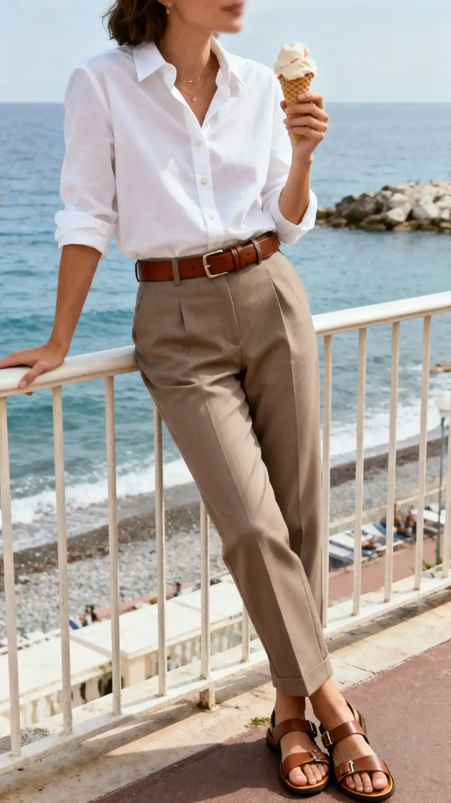 Candid photo of a woman wearing crisp white button-down tucked into taupe Italian tailored pants with brown leather belt and sandals, leaning on a seaside railing with gelato, face slightly blurred, Riviera light, iPhone photo quality