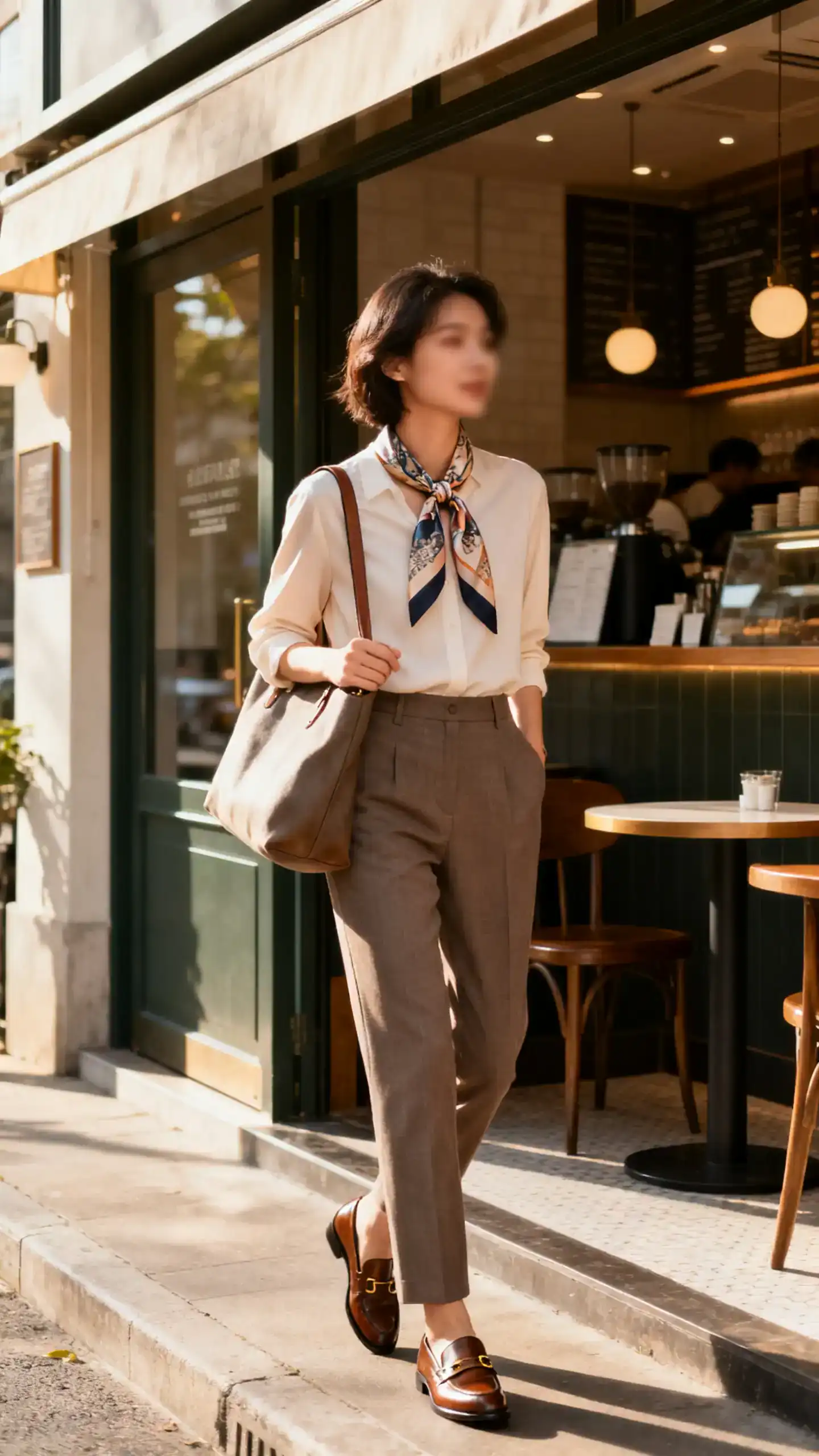 Candid photo of a woman wearing tailored pants with a silk scarf tied at the neck and classic leather loafers, carrying a tote, pausing outside a cafe, face slightly blurred, warm morning light, iPhone photo quality