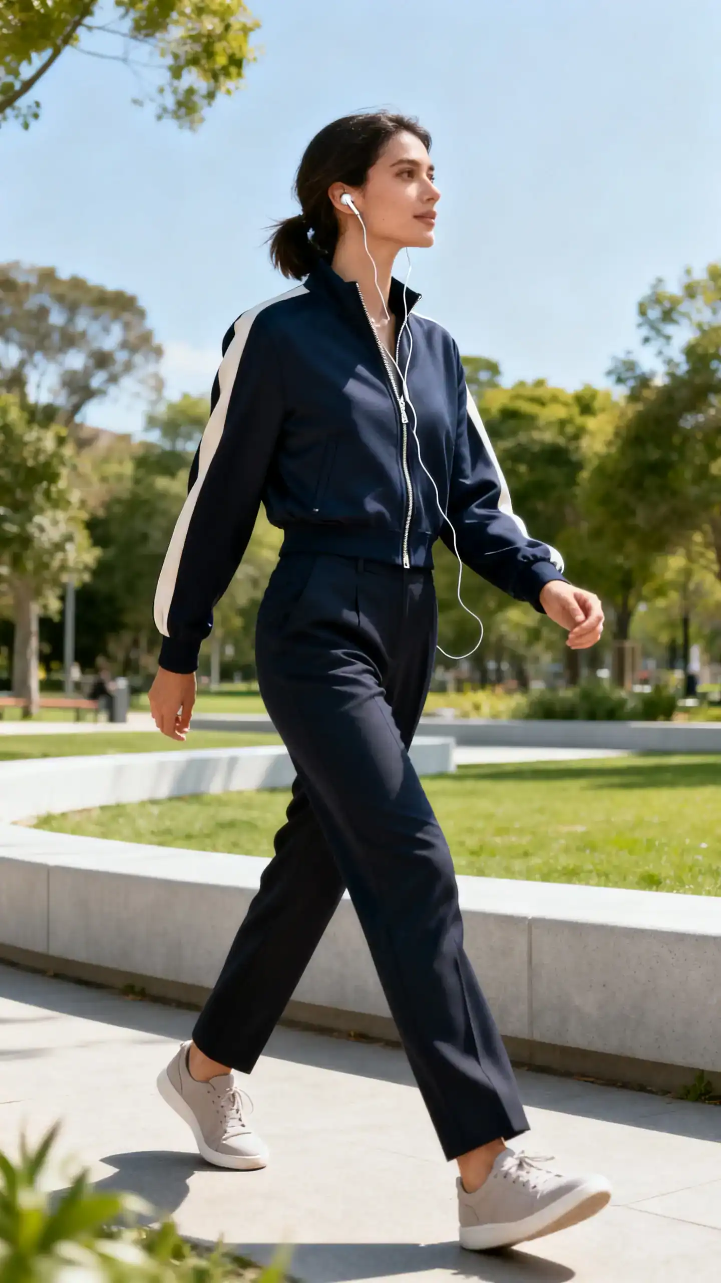 Candid photo of a woman wearing tailored pants with a sleek zip-up track jacket and minimalist trainers, earphones in while walking through a modern park, face looking away, bright daylight, iPhone photo quality