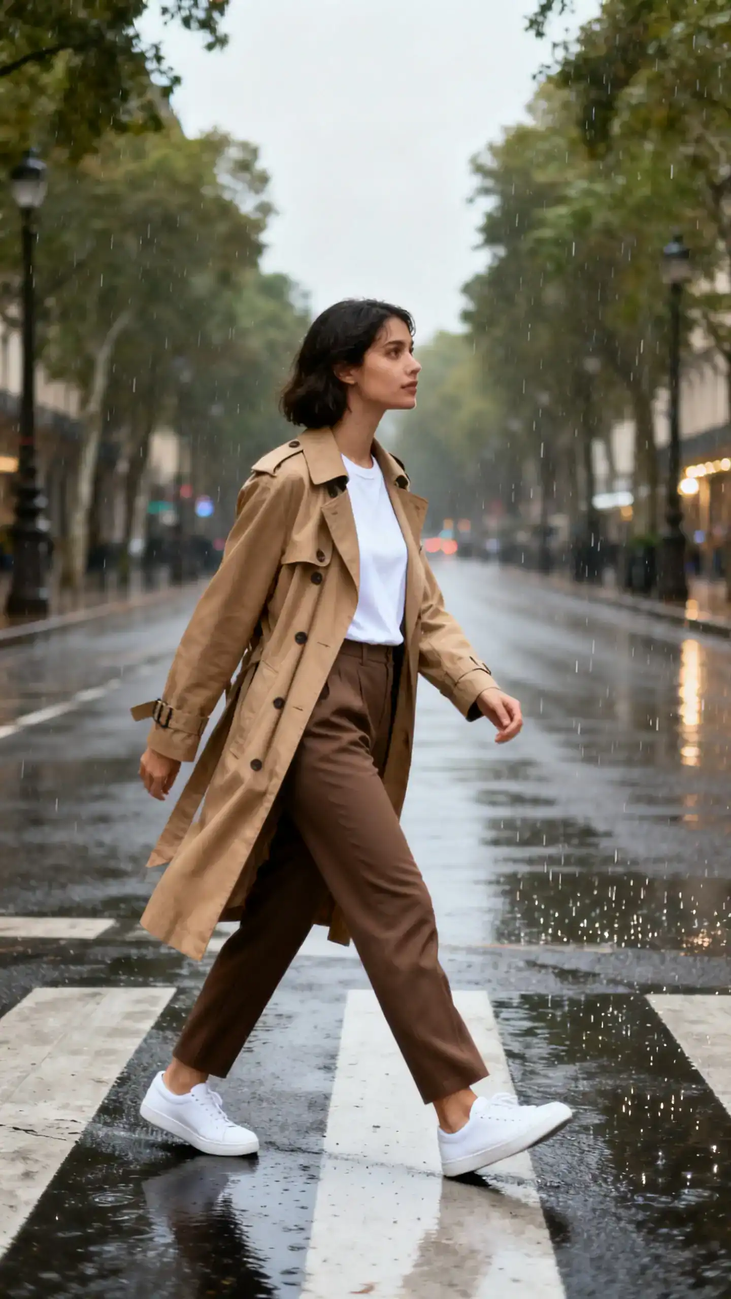 Candid street photo of a woman wearing tailored pants with a classic tan trench and a clean white tee, white low-profile sneakers, crossing a rainy boulevard, face looking away, diffused daylight, iPhone photo quality