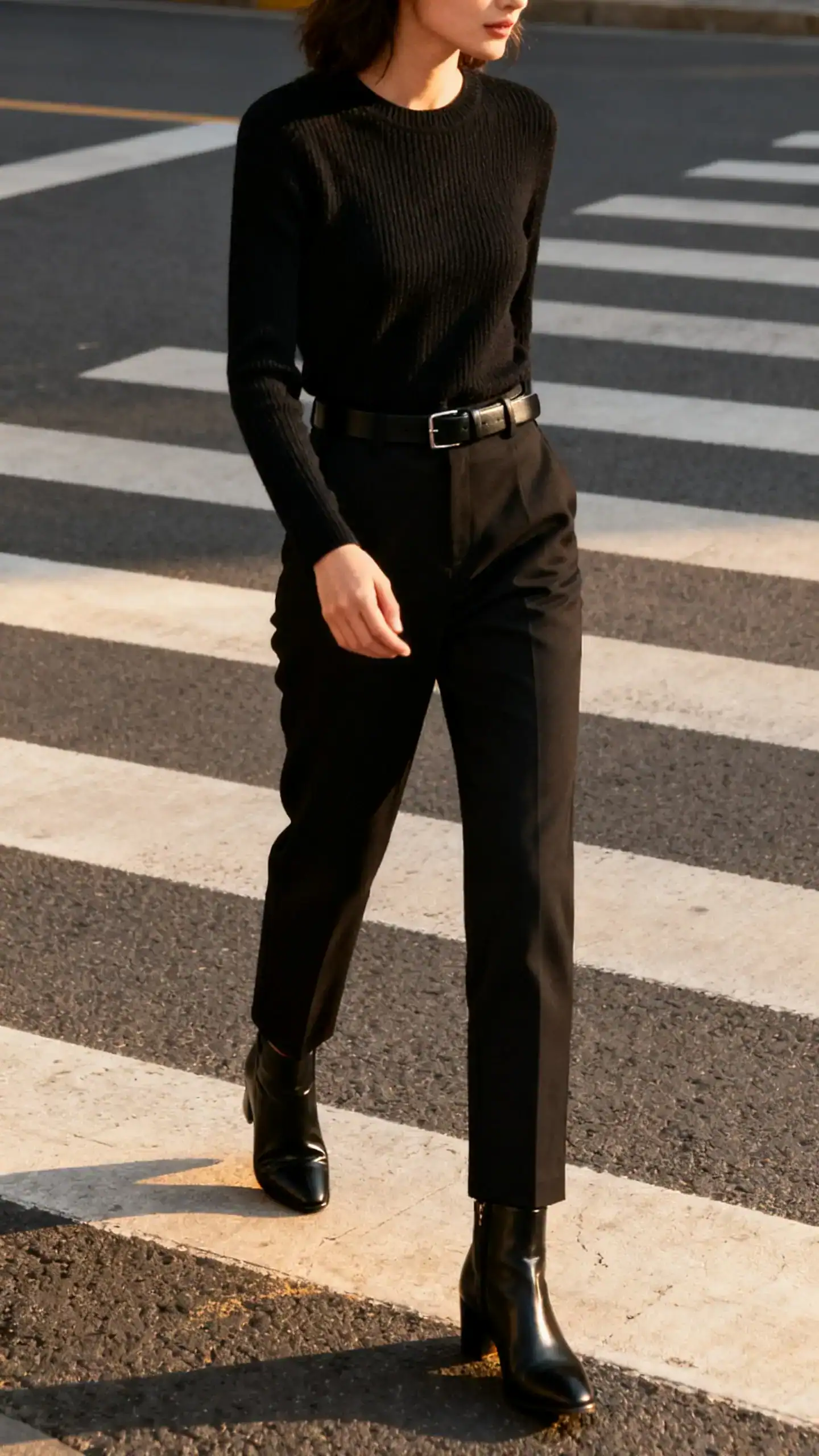 Natural lifestyle photo of a woman in all-black: black tailored pants, black fine-knit top, black belt, and sleek black ankle boots, standing at a crosswalk, face in shadow, late-afternoon light, iPhone photo quality, unstaged