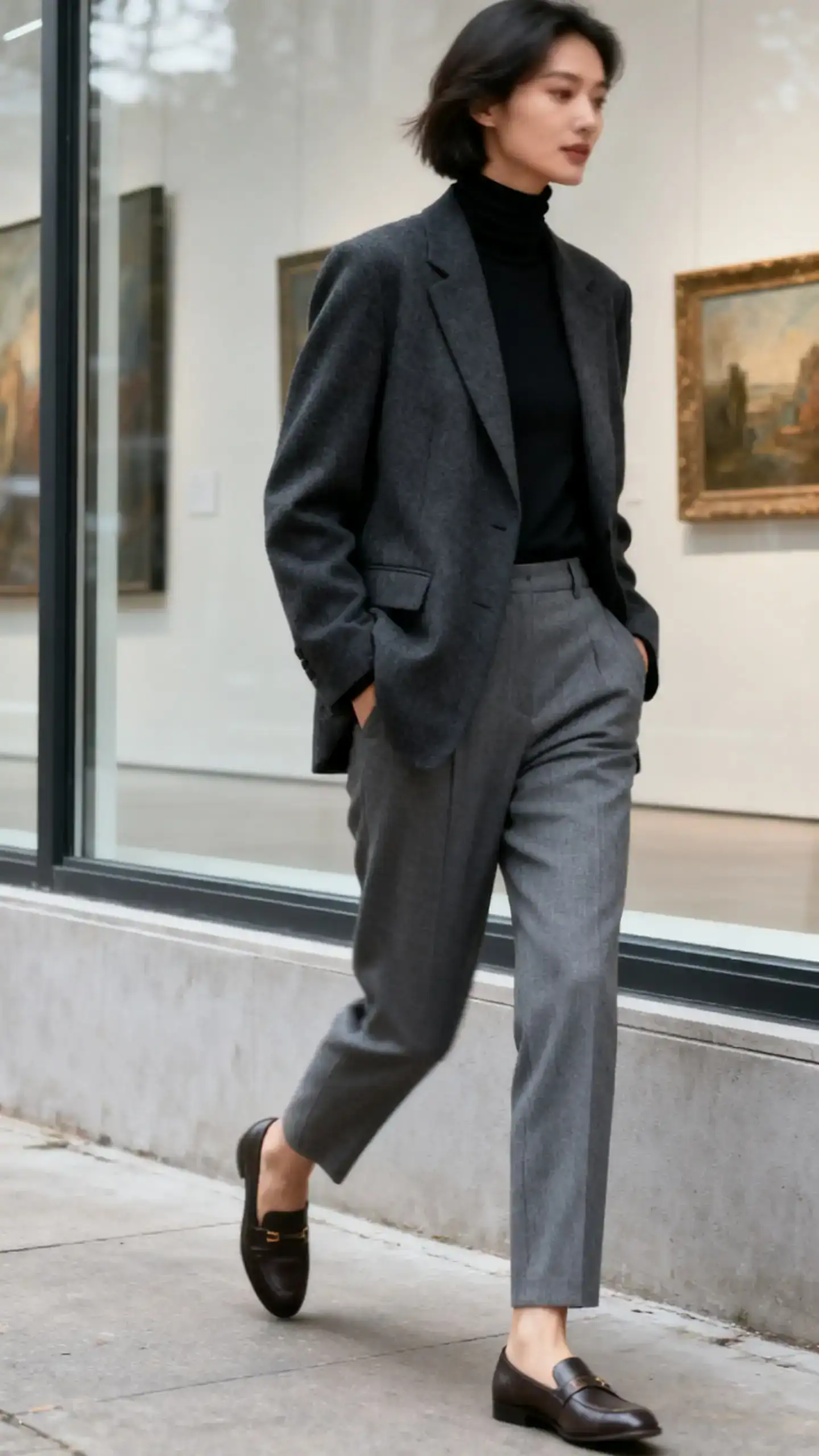 Natural lifestyle photo of a woman in relaxed charcoal blazer over a slim black turtleneck with gray tailored pants and loafers, hands in pockets walking past gallery windows, face slightly blurred, overcast daylight, iPhone photo quality