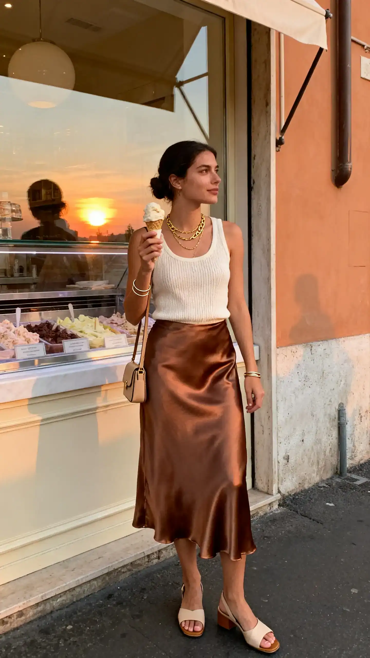 Natural lifestyle photo of a woman wearing a bronze satin slip skirt, soft knit tank (cream), low block-heel sandals, a mini crossbody, layered gold necklaces and thin bangles; standing outside a gelateria at sunset holding gelato, face looking away, warm evening light, iPhone photo quality, unstaged.
