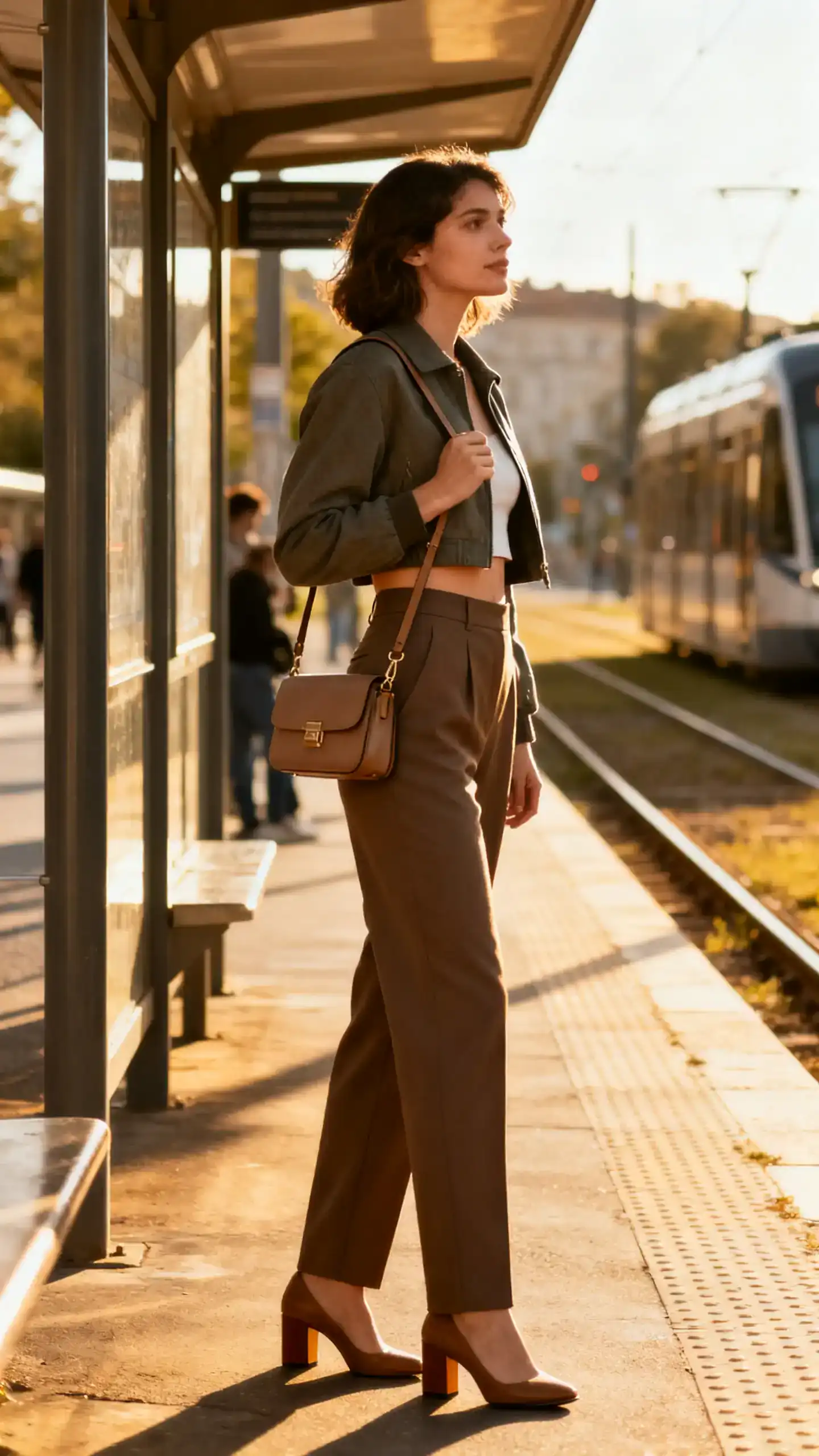 Natural lifestyle photo of a woman wearing a cropped jacket over high-waist tailored pants with a short-strap bag and block heels, waiting at a tram stop, face looking away, afternoon daylight, iPhone photo quality