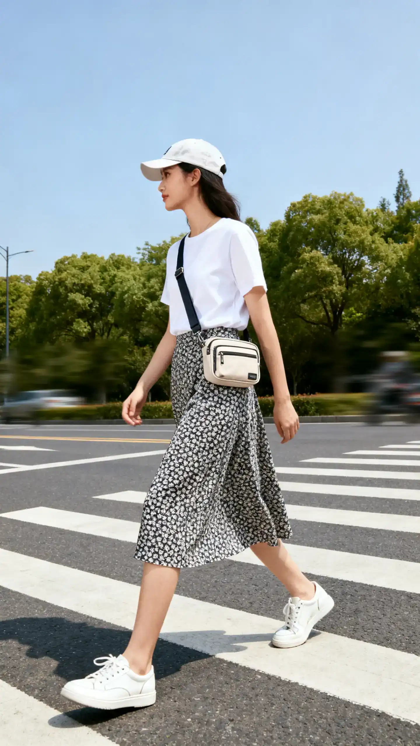 Natural lifestyle photo of a woman wearing a midi skirt (microprint), high-quality white tee, white leather sneakers, a hands-free crossbody with secure closures, and a baseball cap; crossing a pedestrian crosswalk with motion blur, face looking away, bright daylight, iPhone casual aesthetic.