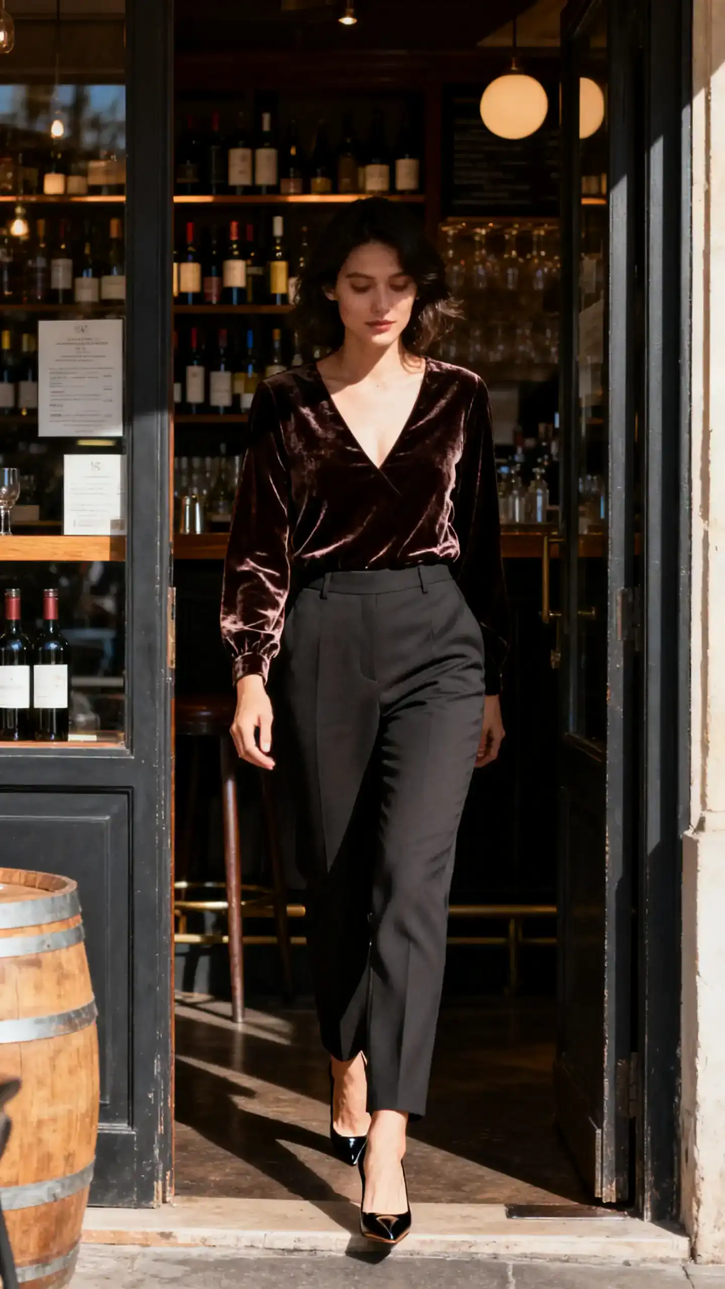 Natural lifestyle photo of a woman wearing velvet evening top with refined tailored pants and kitten heels, stepping out of a wine bar, face in shadow, warm ambient light, iPhone photo quality, unstaged