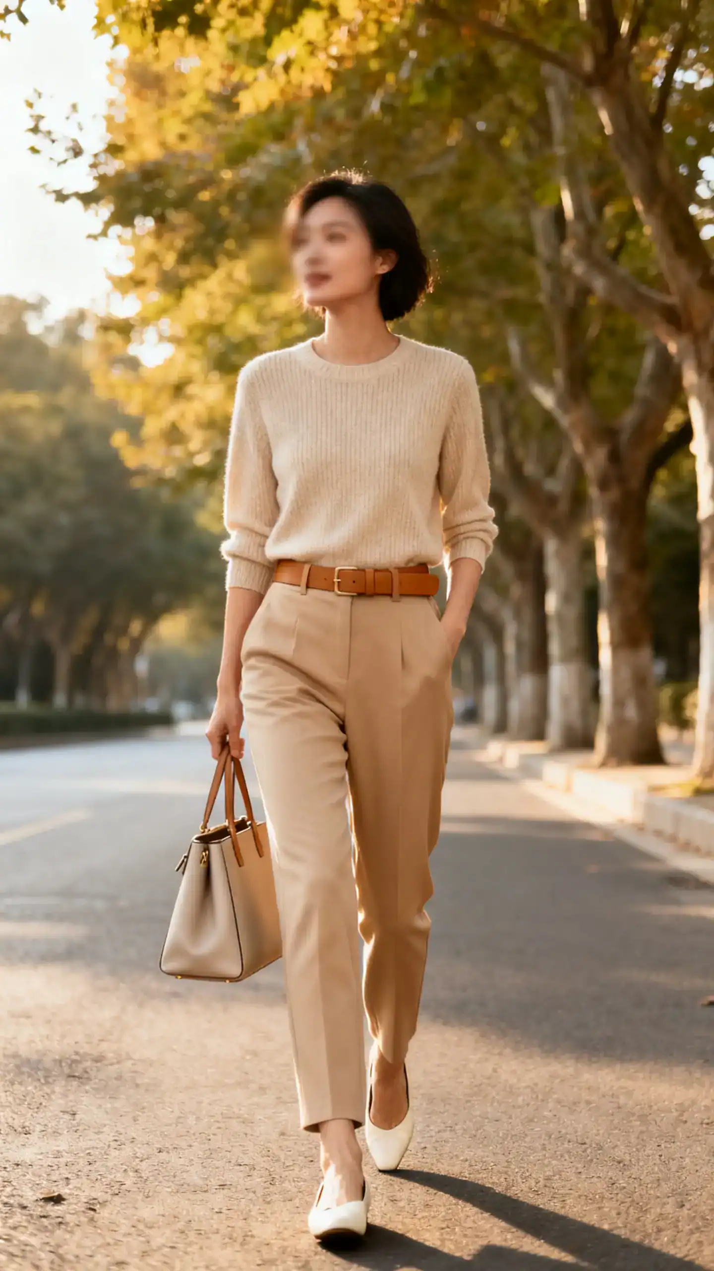 Street candid of a woman in tonal neutrals: sand tailored pants, beige knit, camel belt, and cream flats, carrying a structured tote along a tree-lined avenue, face slightly blurred, soft morning light, iPhone photo quality