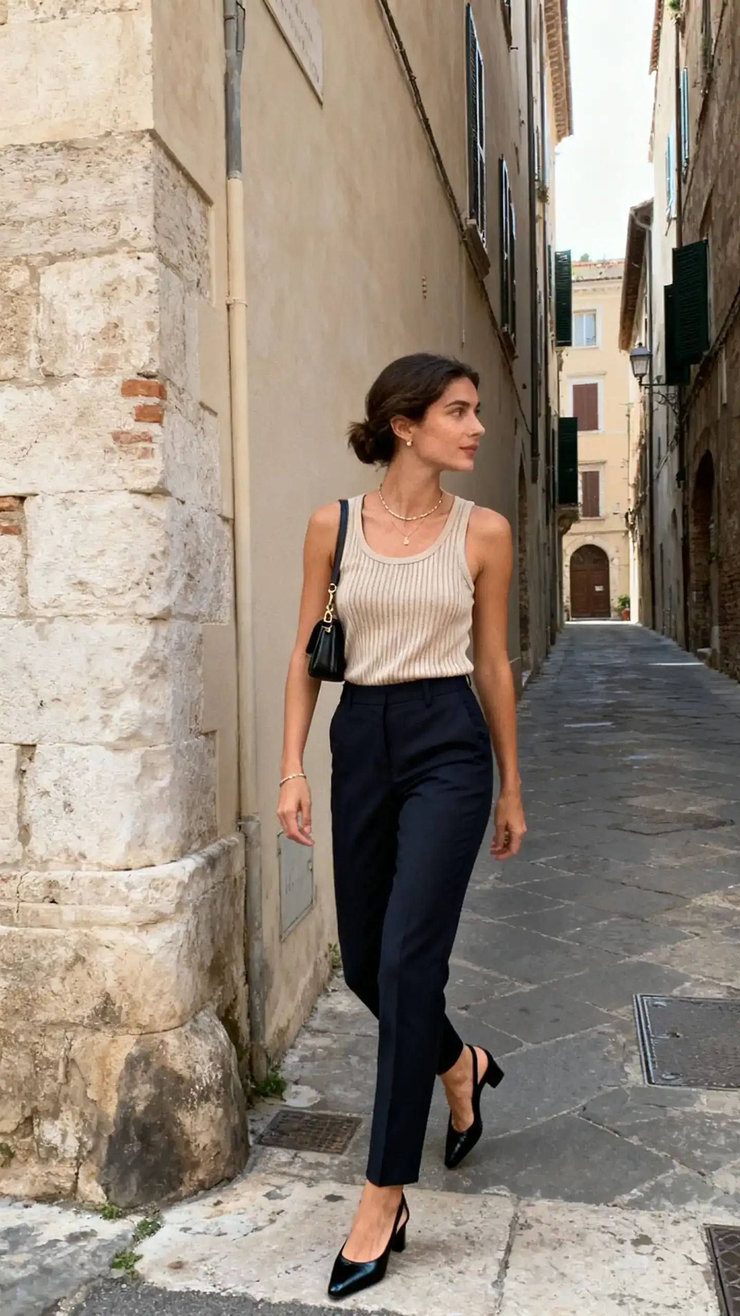 Street-style candid of a woman in slim Italian tailored pants with a ribbed knit tank and black slingback heels, minimal jewelry and a small shoulder bag, turning a corner on a narrow European lane, face looking away, soft daylight, iPhone photo quality