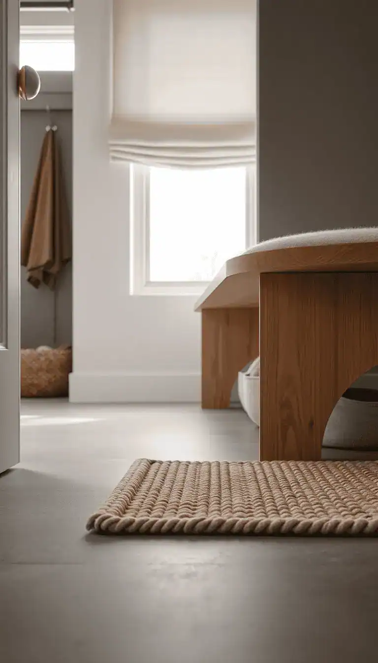 Closeup detail of tactile layers: warm gray microcement floor with a subtle sheen and radiant-heat warmth implied by a cozy thick braided wool rug runner edge. The rounded corner of a solid beech bench in frame, wool felt bins tucked beneath, and a glimpse of a matte nickel rail above. Soft, hygge-forward mood with gentle, diffused light filtering through a linen Roman shade. Palette: warm gray, beech, oatmeal linen, soft nickel.