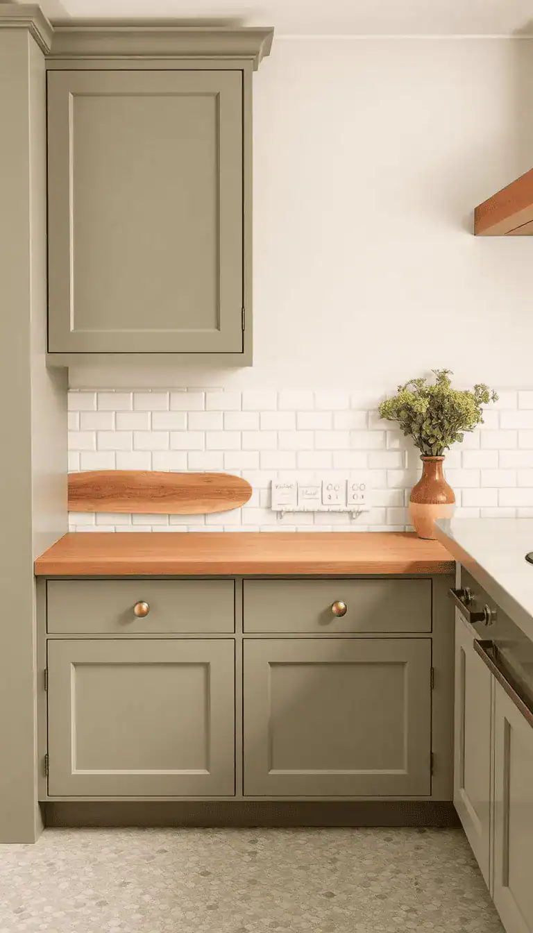 Medium shot, corner angle of Shaker-style lower cabinets painted muted sage topped by a natural oak bench that bridges drawers. A handmade cream square tile half-wall (tiled wainscot) creates a splash zone behind, with antique brass cup pulls on the drawers. Pebble-toned encaustic floor tiles in a quiet, subtle pattern. Palette: sage, oak, cream, pebble gray, brass. Fresh cottage meets Nordic calm; bright, even lighting.