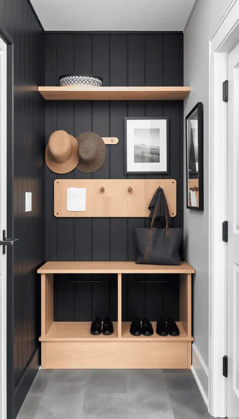 Medium shot from a corner angle of a charcoal board-and-batten wall with a slim birch shelf above holding hats and mail, anchored by a built-in birch bench with black metal shoe racks underneath. White oak peg rails organize jackets; stone-gray porcelain tile flooring. Add a framed monochrome landscape print on the wall. Palette: charcoal, birch blonde, stone gray, crisp white. Modern farmhouse with Nordic restraint, natural diffuse lighting.