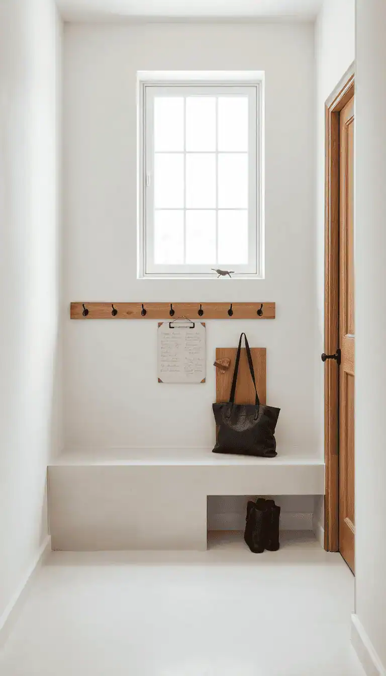 Medium shot, gallery-like composition of a quiet niche with a low stone bench in pale quartzite or soapstone beneath a window. Soft-matte off-white plaster walls showing tactile texture. A slender oak rail with uniform black hooks, a linen pinboard for notes, and two stitched leather catchalls on a small ledge by the door. Palette: off-white plaster, pale stone, natural oak, black. Serene, refined, diffused natural window light.
