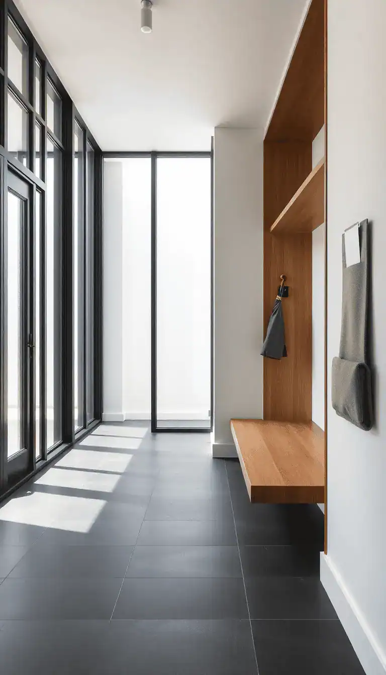 Medium-wide shot of a mudroom partitioned by black-framed interior glass or sidelights, flooding the space with daylight. Large-format graphite slate floor tiles, a floating ash bench that keeps the floor open, and a minimal wall-mounted rail system for coats. Include a concrete umbrella stand and a wool felt wall pocket for mail on white walls. Palette: ash wood, black frame, graphite slate, white. Airy, minimalist, slightly edgy; crisp natural light with soft shadows.