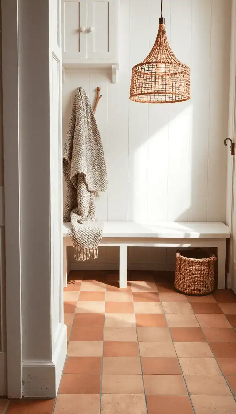 Overhead detail shot focusing on a terracotta-and-ivory checker tile floor with subtle patina, partially framed by the edge of whitewashed pine cabinetry and a low continuous bench. Include turned wood pegs on the wall edge, a chunky knit throw draped casually, and the warm glow from a basket pendant light casting a soft woven shadow pattern. Palette: terracotta, ivory, whitewashed pine, soft taupe. Rustic, warm, family-friendly.