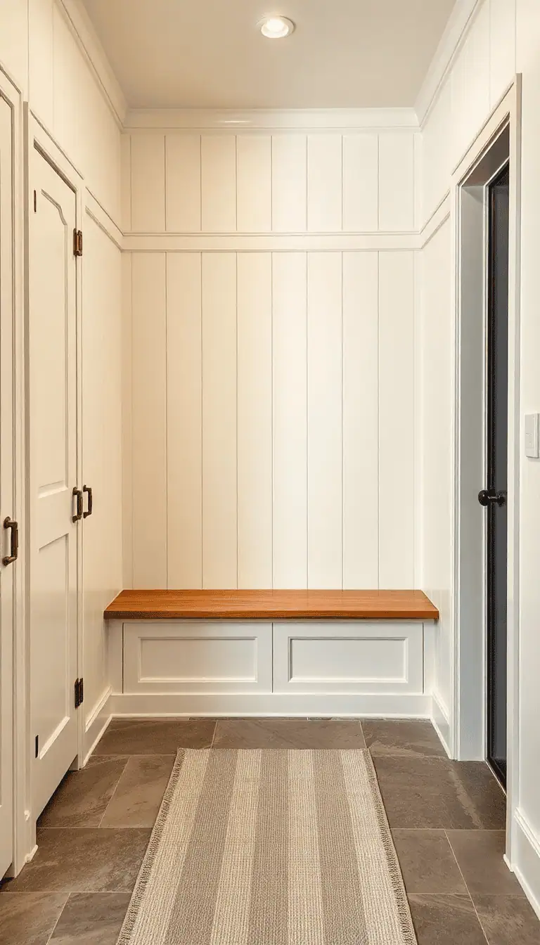 Wide shot, straight-on, of a creamy shiplap nook where concealed locker doors with shaker fronts blend seamlessly into the wall. A solid maple bench with rounded edges runs beneath, fitted with oversized antique brass handles on the hidden lockers. Brushed limestone floor tiles with a handworn look and a striped cotton runner. Palette: cream, maple, soft gray, aged brass. Cozy, classic, tailored atmosphere, soft warm lighting.