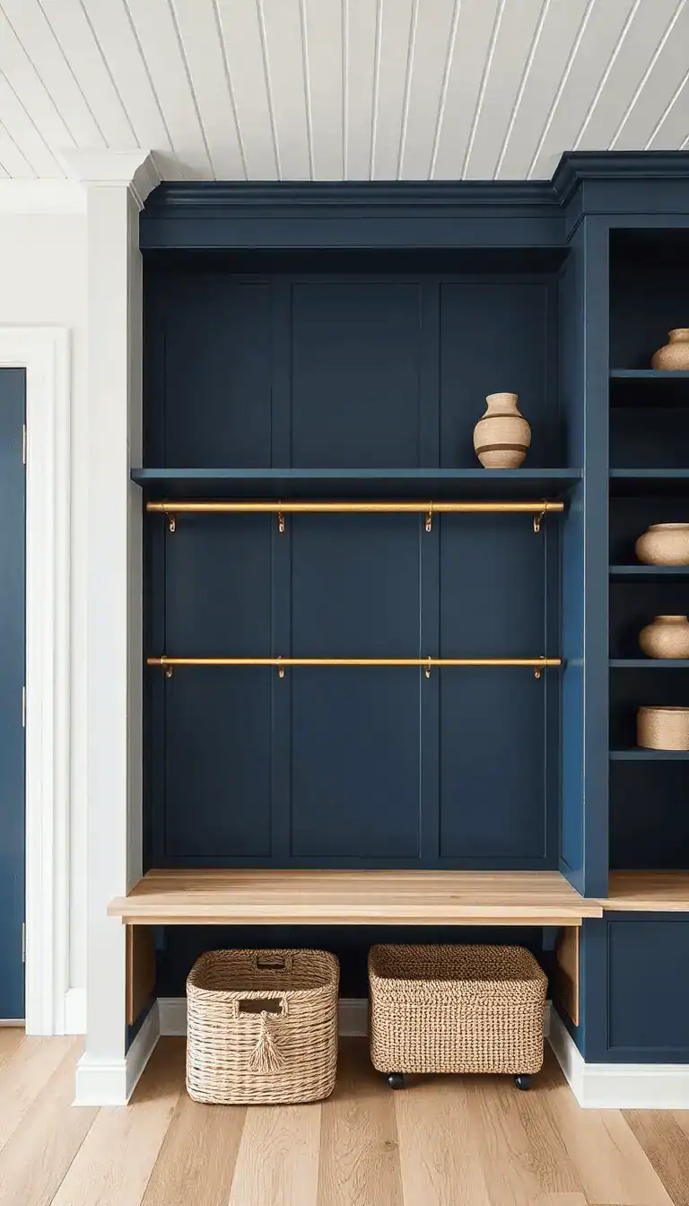 Wide shot, straight-on, of a full-height cubby wall painted soft navy with a petite brass library rail and a rolling hook ladder for accessing upper storage. Warm white tongue-and-groove ceiling overhead, a bleached oak bench grounding the scene. Seagrass baskets tucked low, stoneware vases displayed on the top shelves. Palette: soft navy, bleached oak, warm white, aged brass. Polished, coastal-Scandi, practical luxury with balanced ambient lighting.