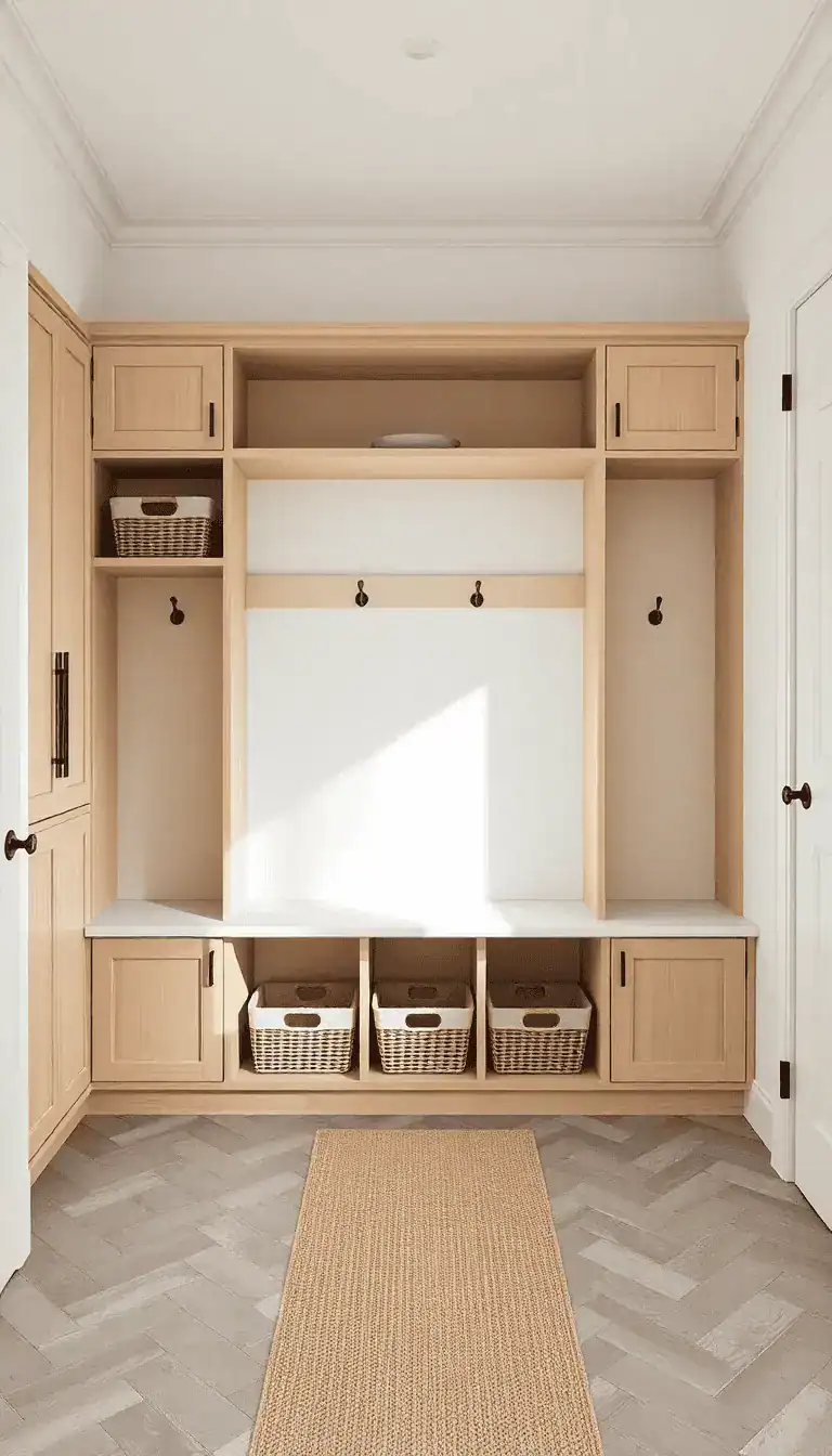 Wide shot, straight-on view of a Scandinavian farmhouse mudroom featuring matte light oak cabinets with open cubbies filled with linen-front baskets, a creamy quartz bench, and a row of matching light oak Shaker peg rails above. Walls in warm white, floor in taupe limestone-look porcelain laid in herringbone. Include a woven jute runner and matte black hooks for contrast. Breezy, natural, spa-like mood with soft daylight, photorealistic.