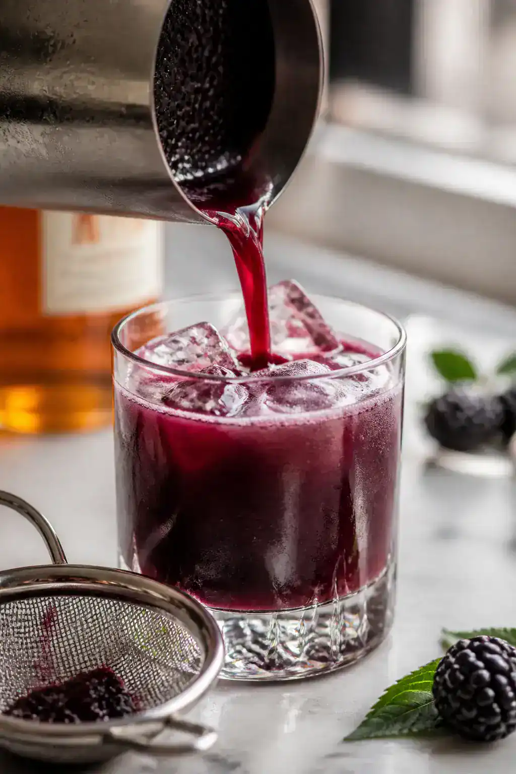 Close-up detail: Double-strained blackberry bourbon cocktail being poured from a frosty shaker into
