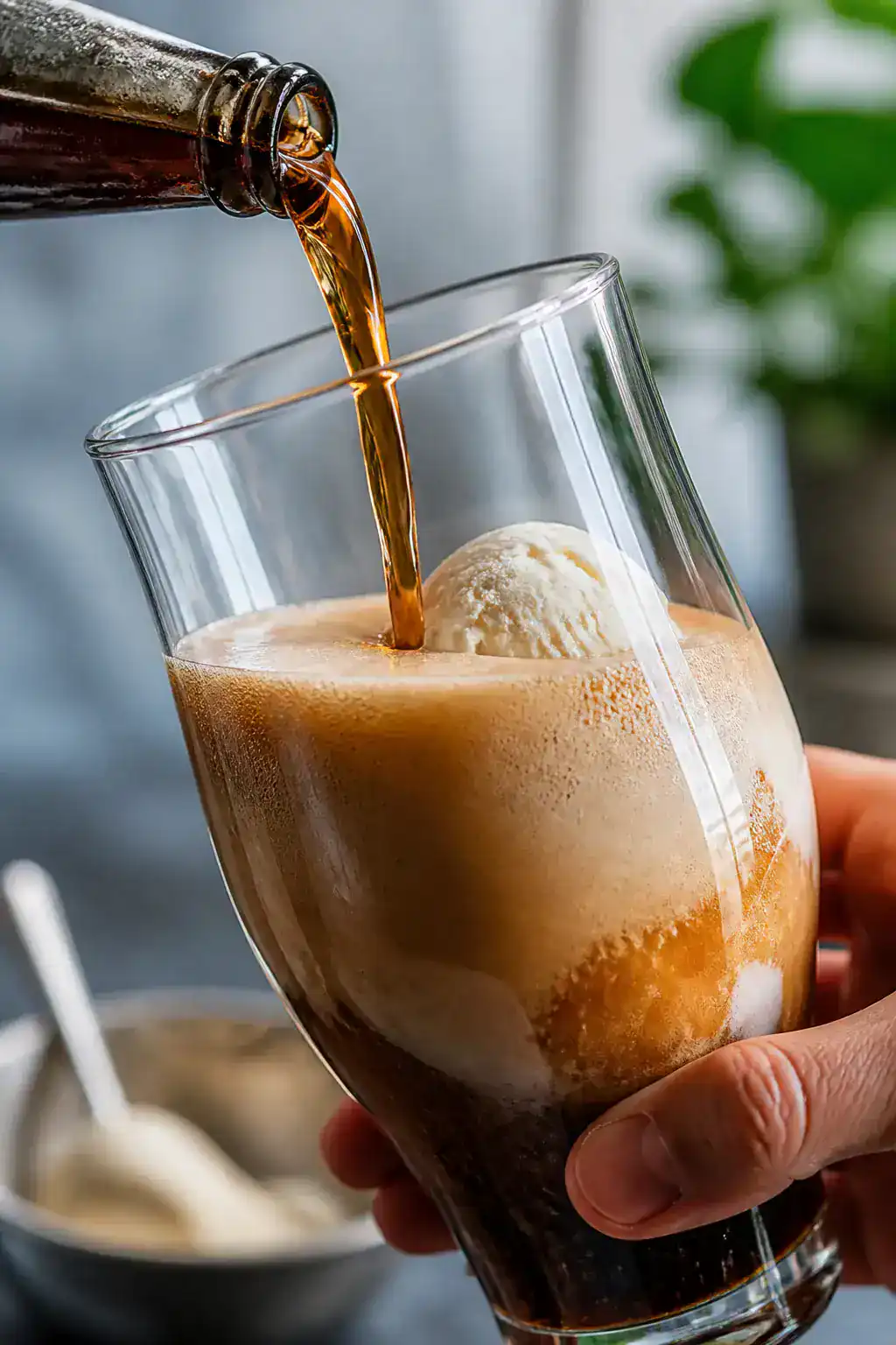 Cooking process: Root beer–cream soda blend being poured slowly along the inside wall of a tilted 