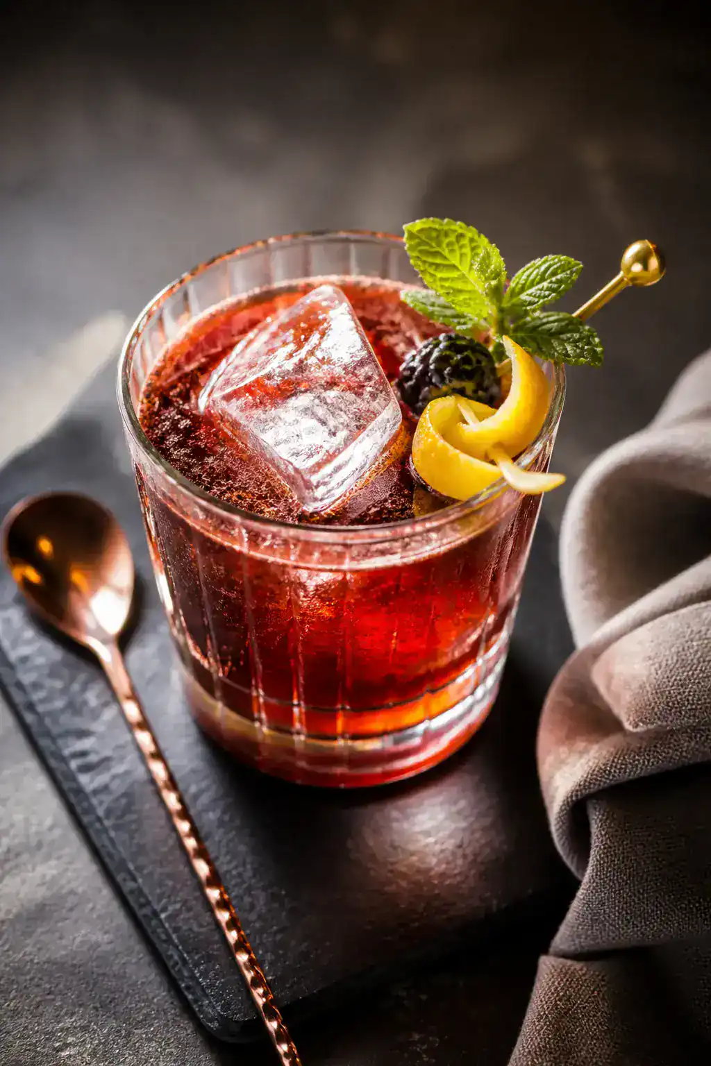 Final presentation beauty shot: Restaurant-quality styled rocks glass cocktail with a rich garnet to