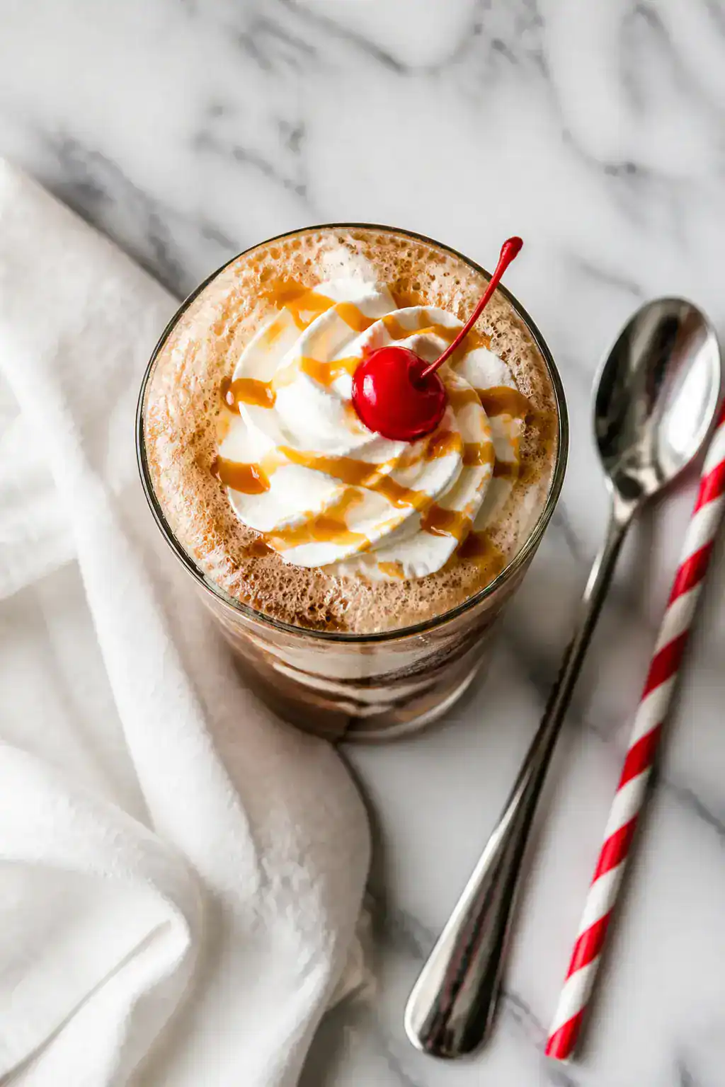 Tasty top view: Overhead shot of a finished Root Beer Cream Soda Float in a highball glass, crowned 