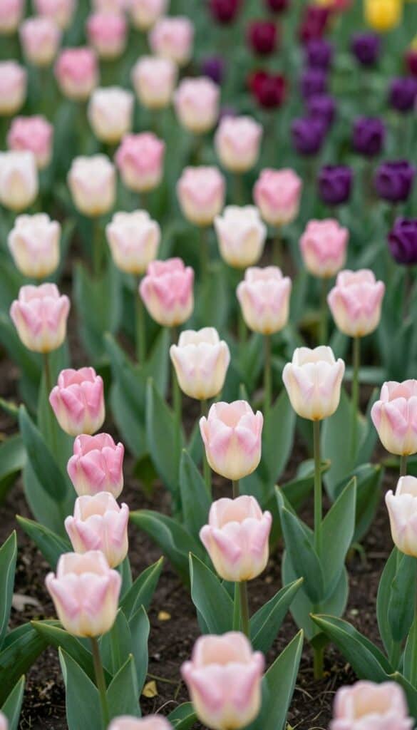 Colorful tulips growing in a spring border Colorful tulips growing in a spring border