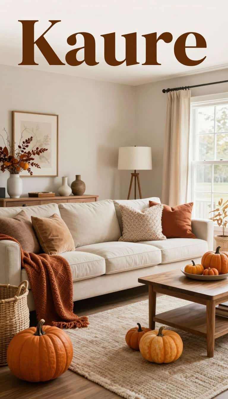 Cozy fall living room ideas with layered textures, warm lighting, pumpkins, foliage, and seasonal decor.