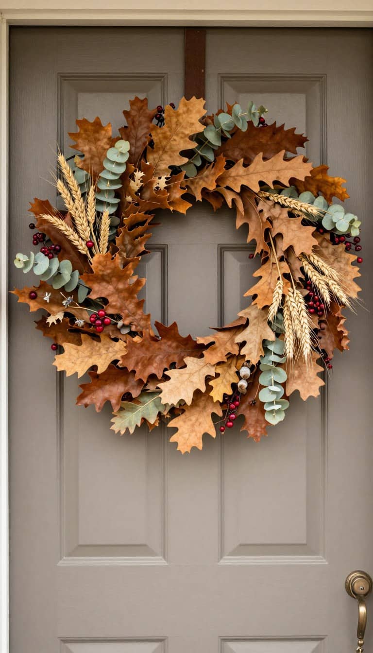 Fall front door and doorstep ideas featuring an autumn front door with a dried foliage wreath.