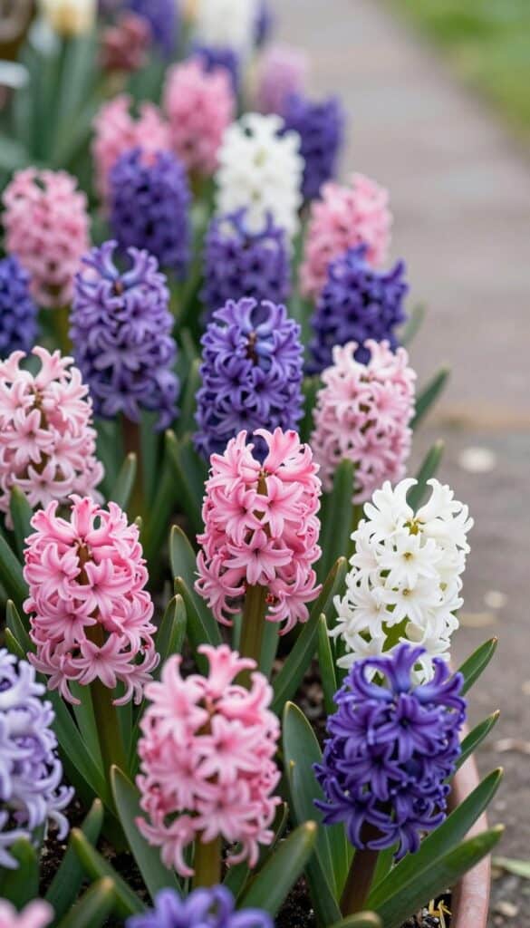 Fragrant pink and purple hyacinths in a spring container Fragrant pink and purple hyacinths in a spring container
