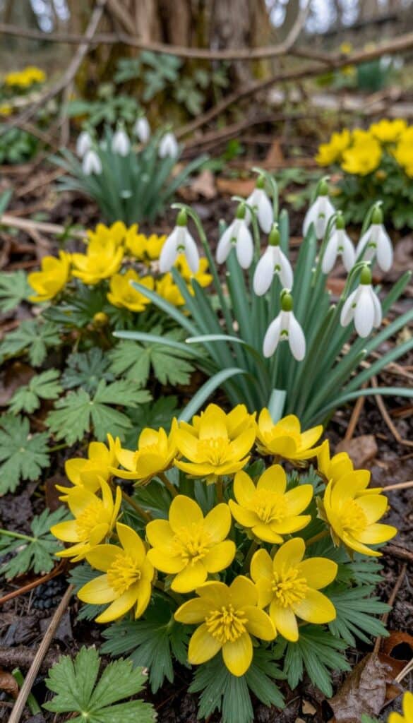 Golden winter aconites blooming with snowdrops Golden winter aconites blooming with snowdrops