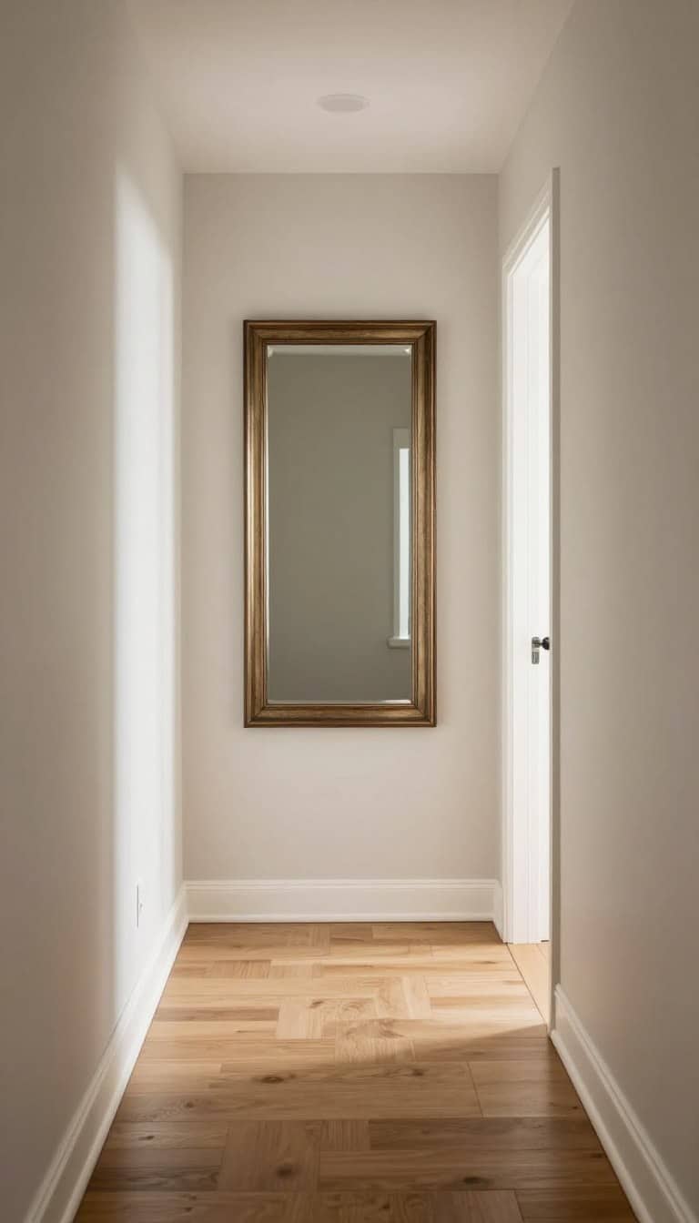 Hallway mirror ideas showing a narrow entryway with a stylish mirror, soft light, and spacious decor.