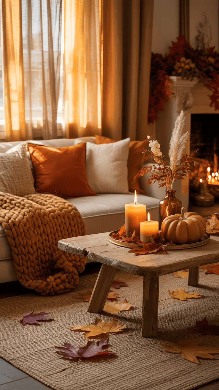 Cozy fall living room with rust and cream pillows, chunky knit throws, neutral sofa, warm wood furniture, and autumn decor.