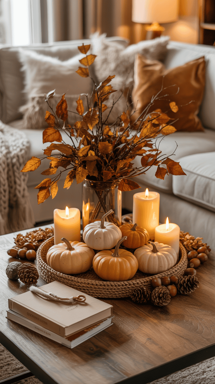 Elegant fall living room coffee table decorated with small pumpkins, autumn branches, candles, books, and natural seasonal accents.