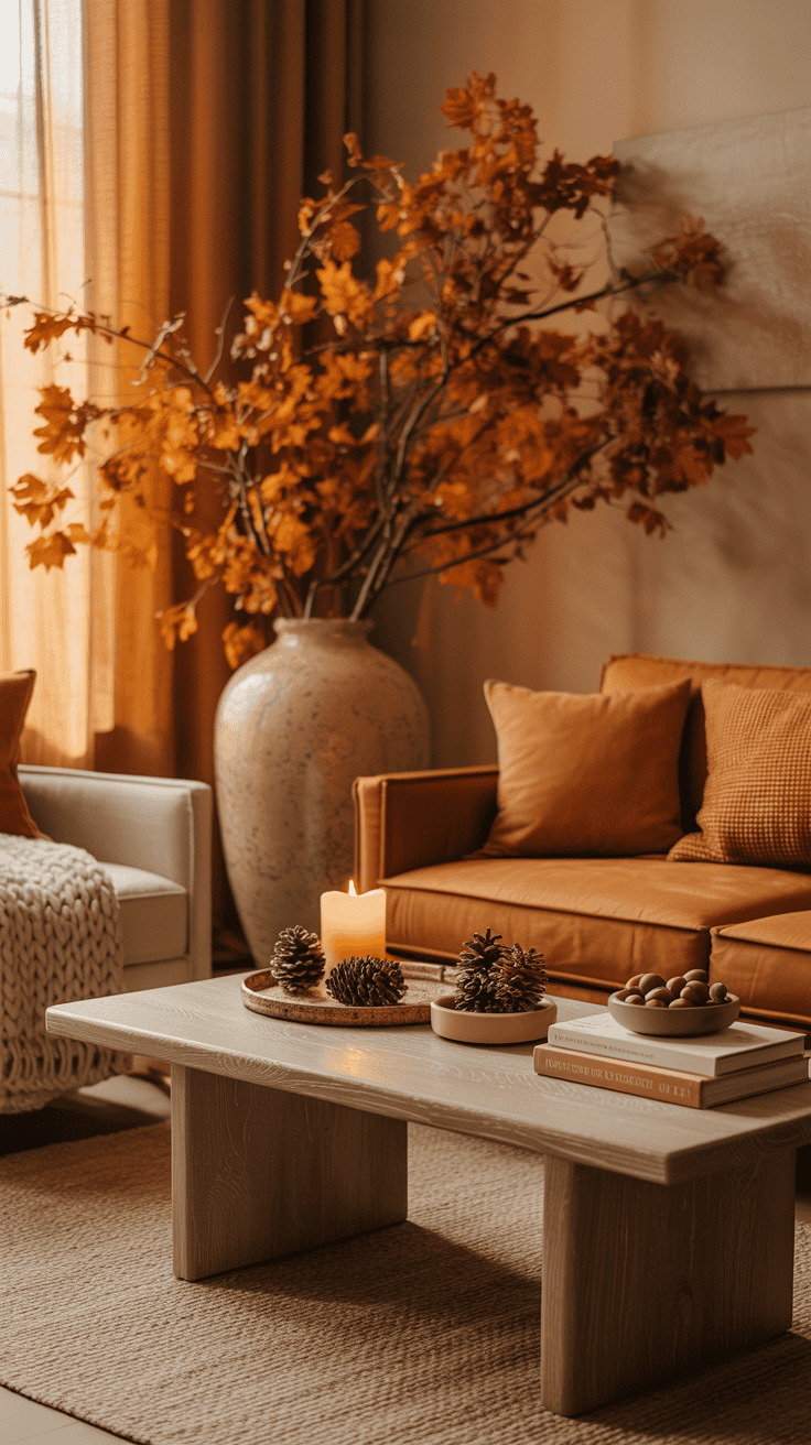 Stylish fall living room with oversized autumn branches in ceramic vase, neutral furniture, warm lighting, and natural seasonal decor.
