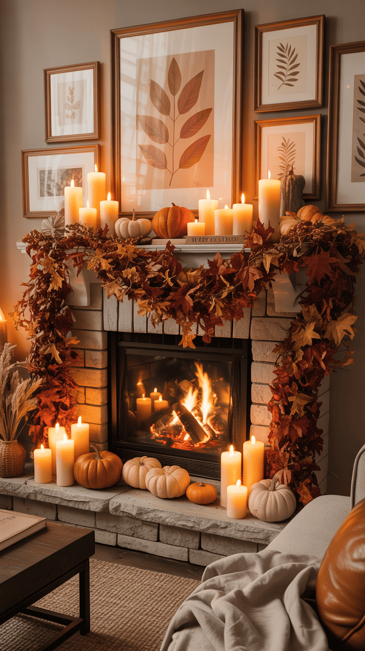 Cozy fall living room fireplace with autumn garland, candles, pumpkins, framed artwork, and warm neutral decor.
