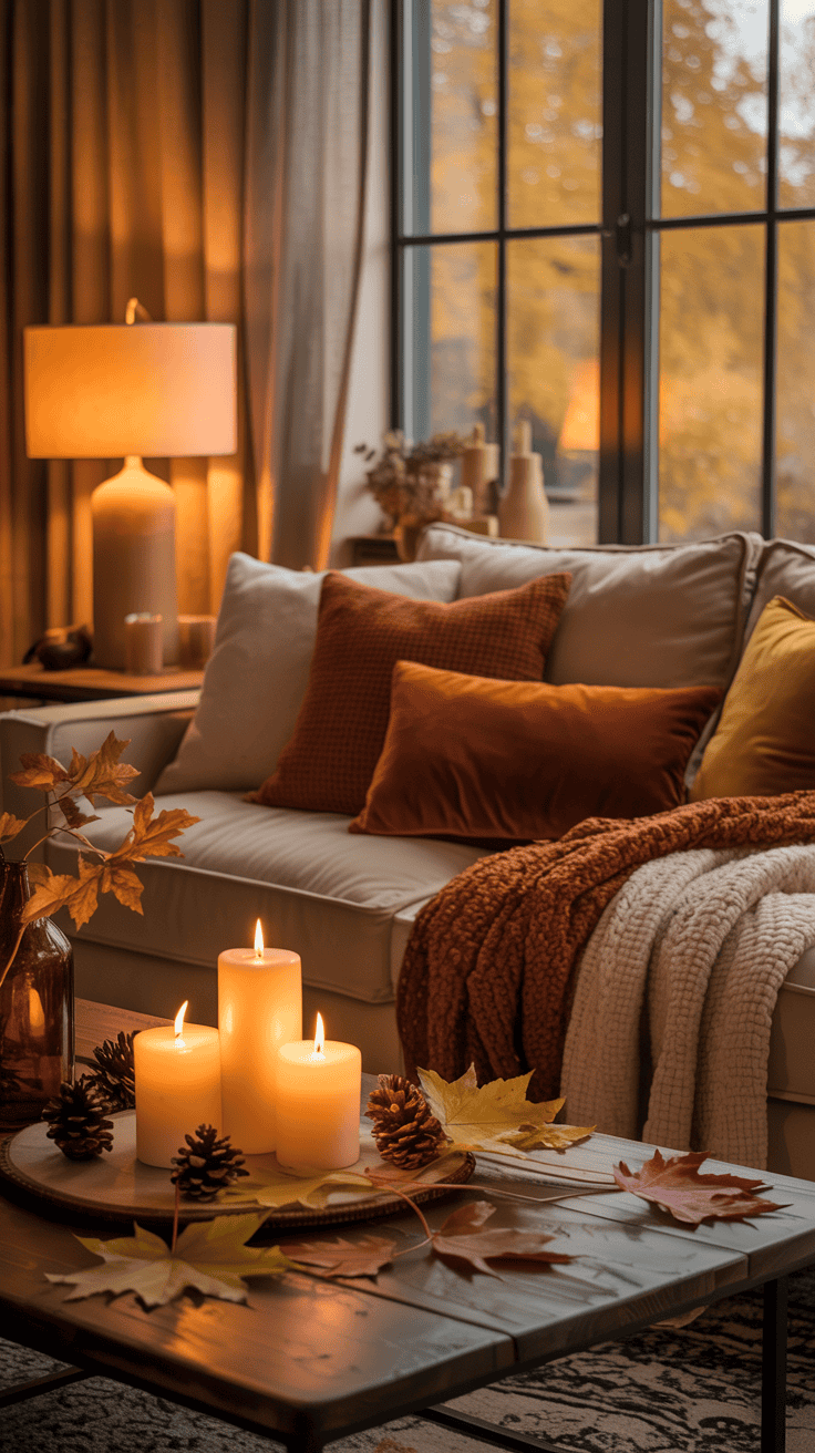 Warm fall living room with glowing table lamps, soft ambient lighting, cozy sofa, candles, and layered autumn textiles.
