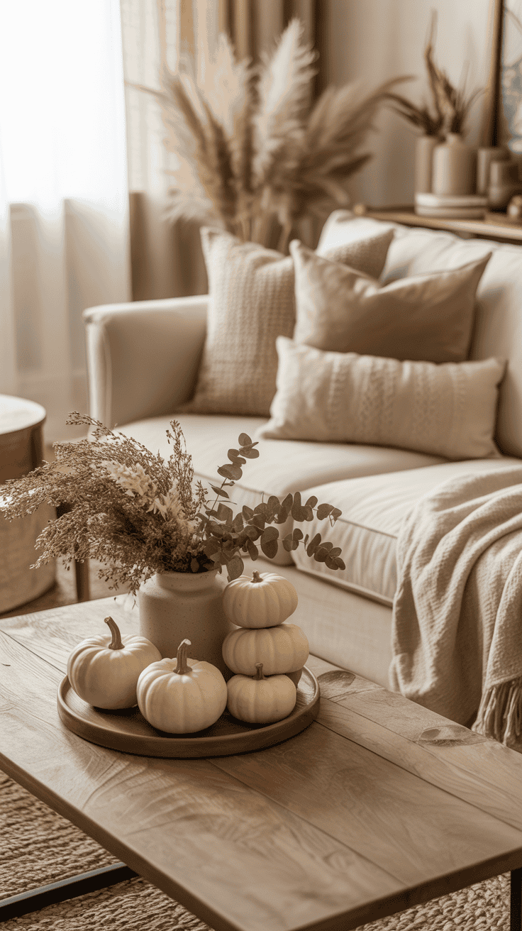 Neutral fall living room with cream sofa, beige textiles, white pumpkins, dried foliage, wood furniture, and elegant autumn styling.