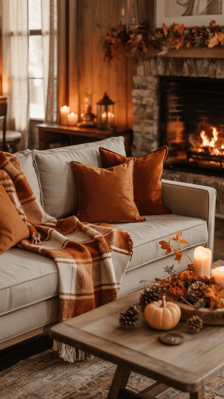 Cozy autumn living room with plaid throw blanket, neutral sofa, rust cushions, wood furniture, and cottage style fall decor.