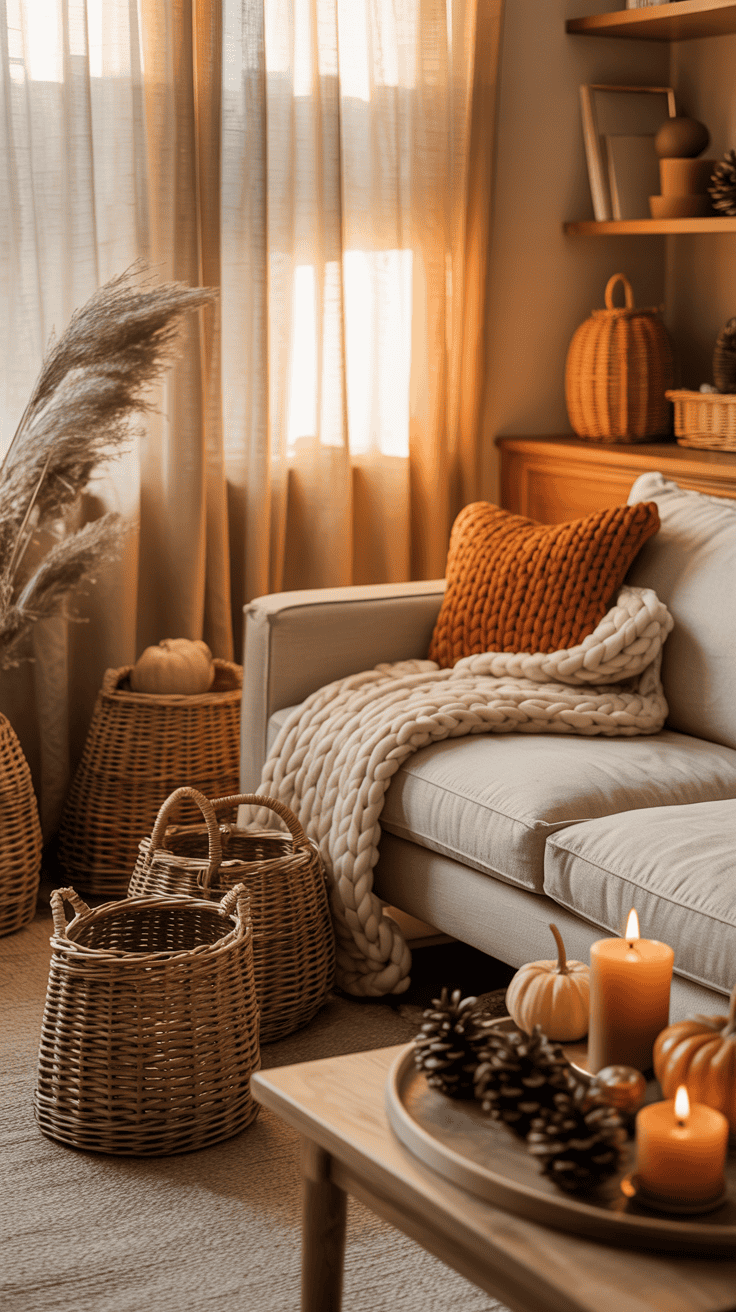 Cozy fall living room with woven baskets, folded blankets, neutral sofa, warm wood furniture, and natural autumn decor.