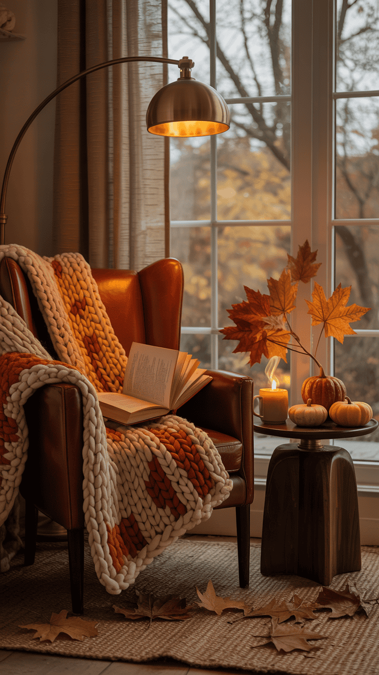 Cozy fall living room reading corner with comfortable armchair, floor lamp, knitted throw, small side table, and autumn decor.