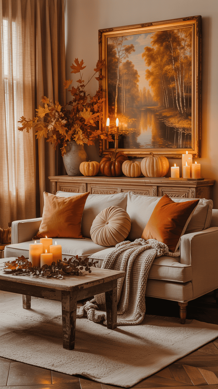 Elegant fall living room with vintage autumn landscape artwork, neutral sofa, antique wood furniture, and warm seasonal decor.