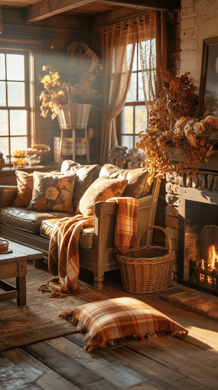 Rustic cottage fall living room with vintage wood furniture, floral cushions, plaid blankets, woven baskets, and autumn foliage.