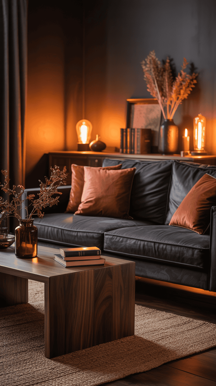 Moody fall living room with deep brown walls, velvet sofa, rust cushions, dark wood furniture, and warm ambient lighting.