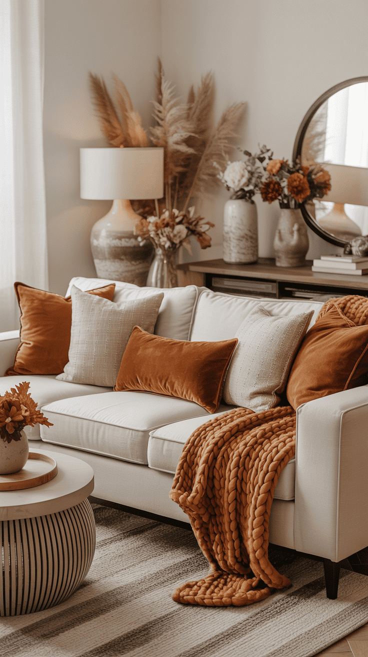 Cozy fall living room with cream sofa layered with rust velvet cushions, chunky knit blankets, linen pillows, and warm autumn decor. Cozy fall living room with cream sofa layered with rust velvet cushions, chunky knit blankets, linen pillows, and warm autumn decor.