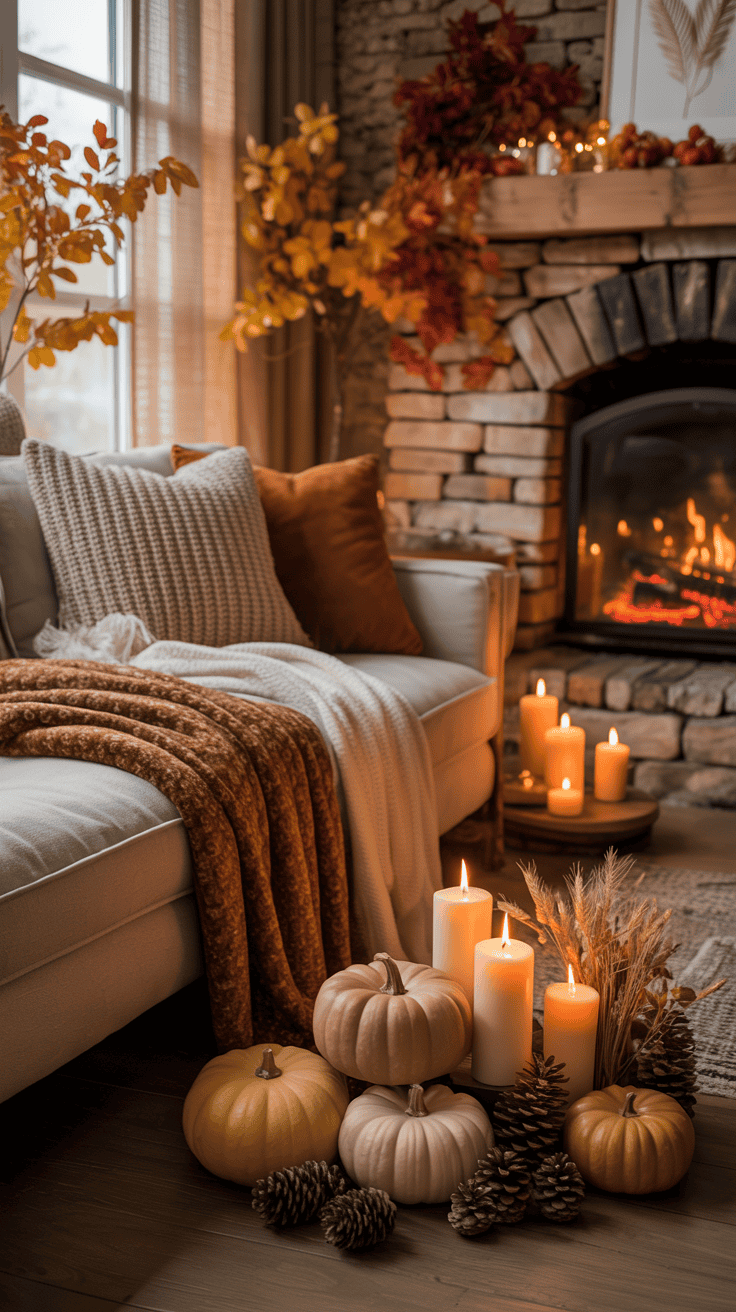 Cozy fall living room with fireplace, autumn foliage, warm candles, neutral pumpkins, layered blankets, and rustic seasonal decor. Cozy fall living room with fireplace, autumn foliage, warm candles, neutral pumpkins, layered blankets, and rustic seasonal decor.