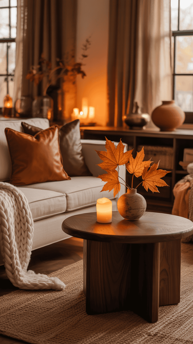 Cozy fall living room with chocolate brown and caramel cushions, cream sofa, dark wood furniture, and warm autumn lighting. Cozy fall living room with chocolate brown and caramel cushions, cream sofa, dark wood furniture, and warm autumn lighting.