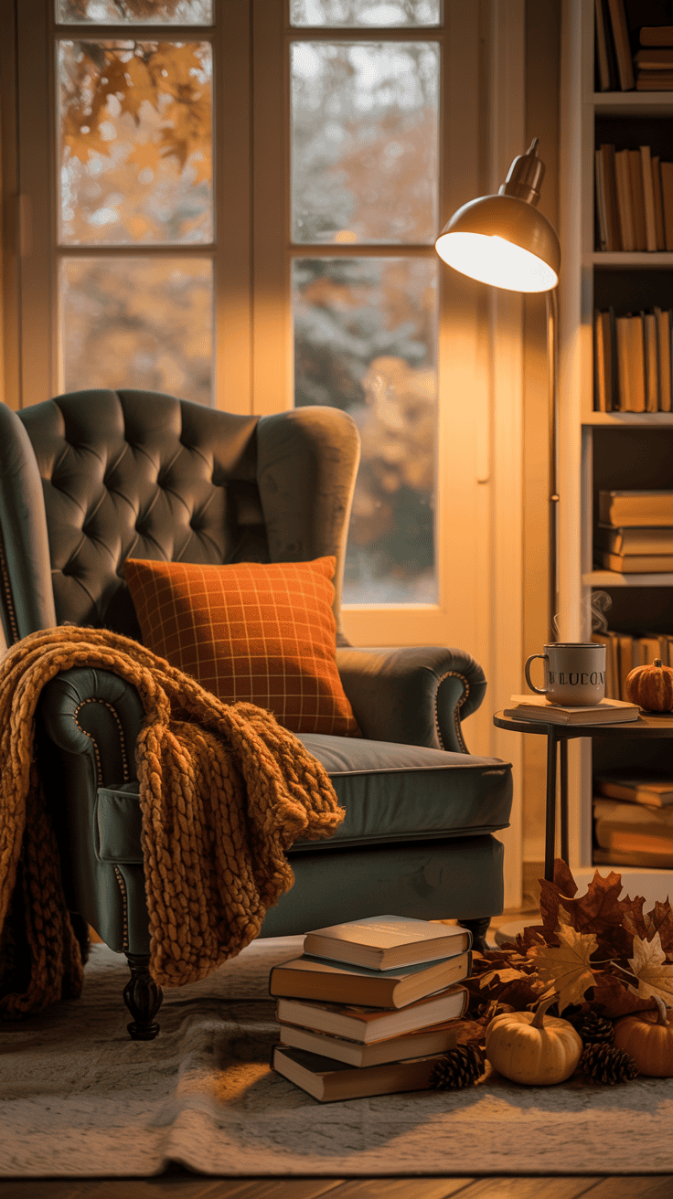 Cozy fall living room reading corner with comfortable armchair, plaid cushion, knitted blanket, floor lamp, books, and warm autumn decor. Cozy fall living room reading corner with comfortable armchair, plaid cushion, knitted blanket, floor lamp, books, and warm autumn decor.