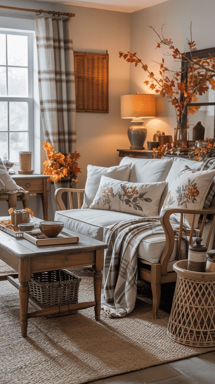 Rustic cottage fall living room with vintage wooden furniture, floral cushions, plaid throw, woven baskets, autumn branches, and cozy neutral decor. Rustic cottage fall living room with vintage wooden furniture, floral cushions, plaid throw, woven baskets, autumn branches, and cozy neutral decor.