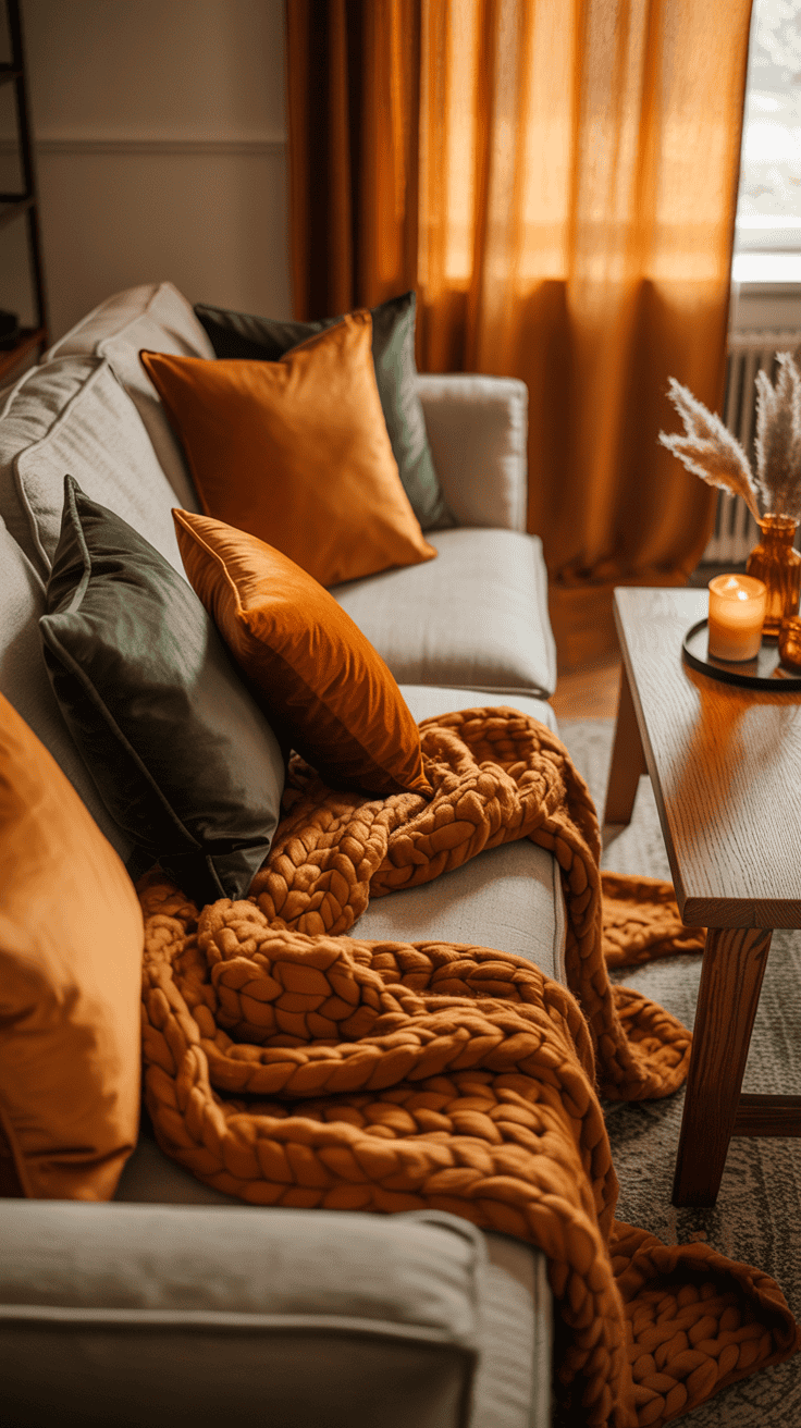 inviting fall seating with pillows and throw blanket