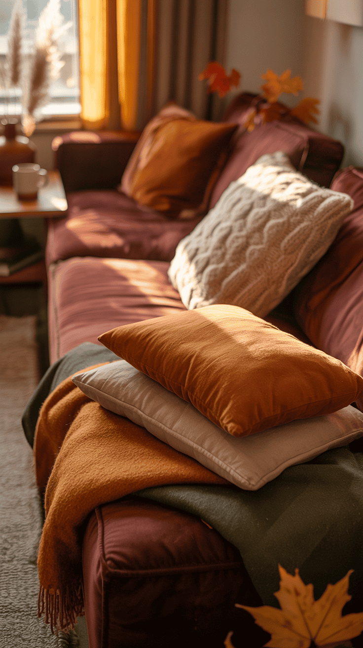 fall living room sofa layered with velvet linen wool and knit textures